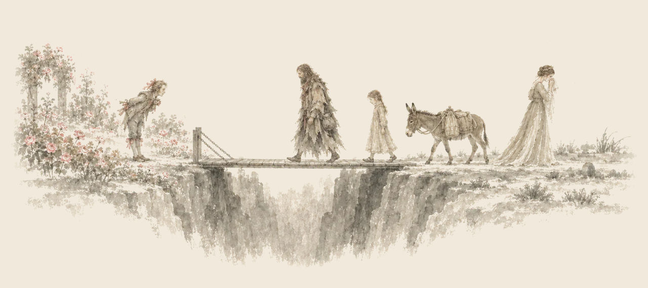 The Shaggy Man, Betsy, Hank the Mule and the Rose Princess cross a narrow bridge over a deep gulf, while a ribboned little gardener bows among the roses.