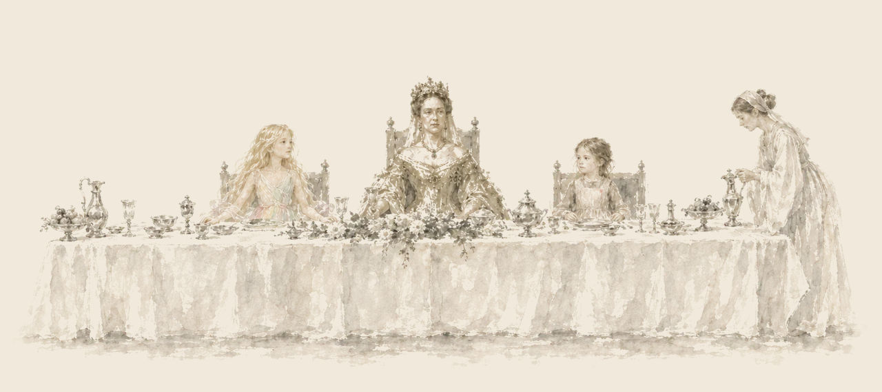 The Queen of Light sits at a long linen-covered table between Polychrome and Betsy, while a maiden in white waits on them at one end.