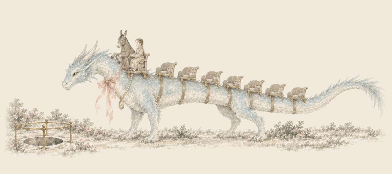 Quox the dragon, a pink ribbon at his neck and a row of seats along his back, carries Betsy and Hank the Mule, with the Tube's rail behind.
