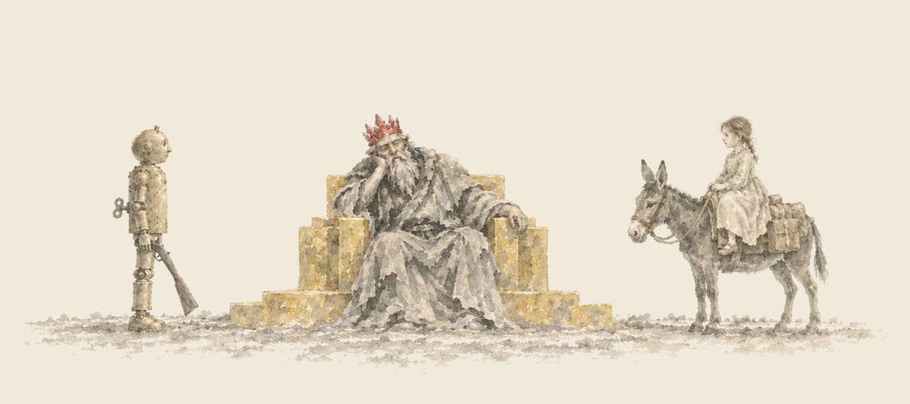 Tik-Tok stands facing the Nome King on his golden throne, a gun lowered at his side, while Betsy rides in on Hank the Mule.