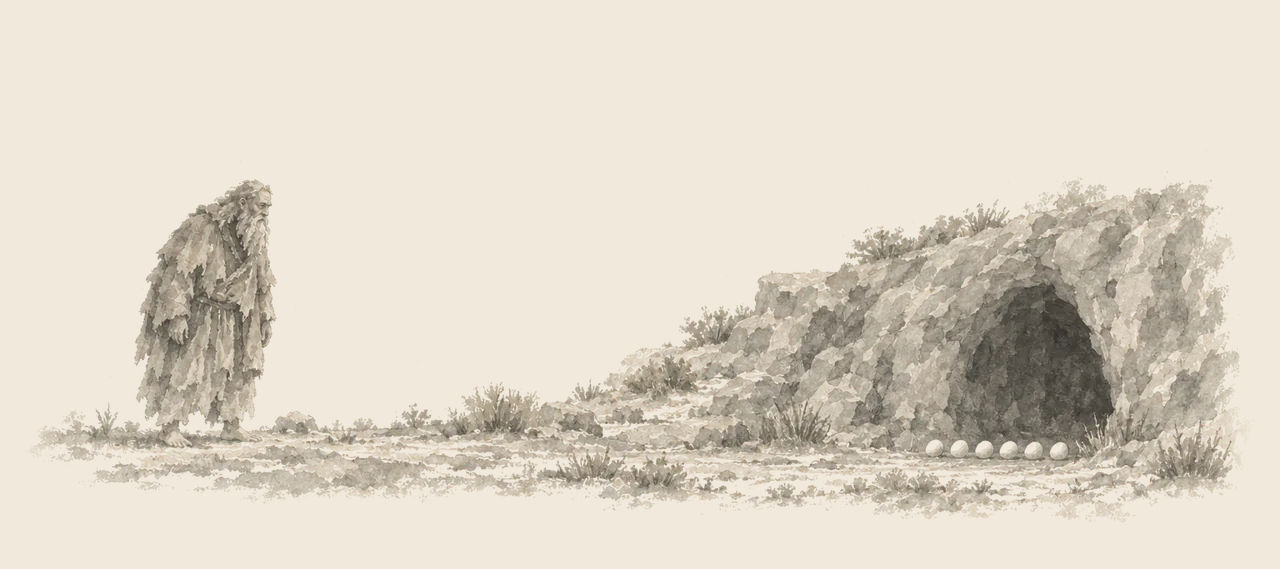 A bearded old Nome King, ragged and barefoot, stands apart from a cave mouth with six eggs lying on the ground before it.
