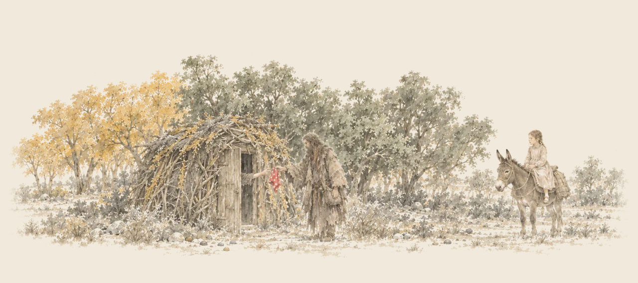 The Shaggy Man holds out a red handkerchief to a hand reaching from the door of a small twig hut, while Betsy waits on Hank the Mule.