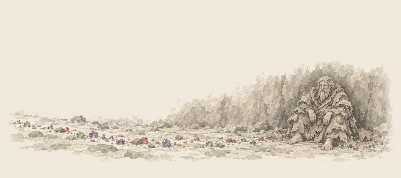 The old Nome King sits worn out on a rock floor, back against a rock wall, with a trail of scattered jewels leading away across the floor.