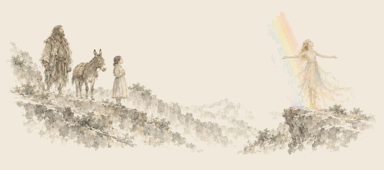 Polychrome stands on a point of rock with her arms spread as the end of the Rainbow reaches her feet, while the Shaggy Man, Betsy and Hank watch.