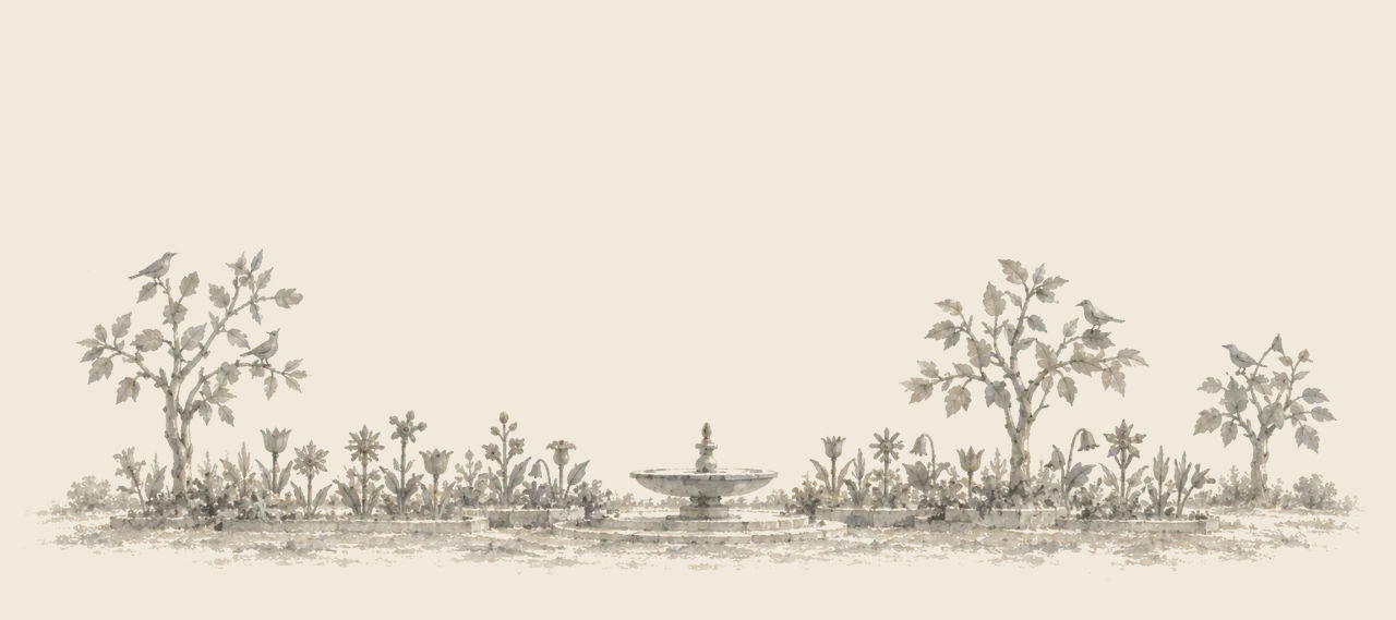 A garden made of tin, with a low fountain in the middle, beds of metal flowers either side, and small trees with tin birds perched in them.