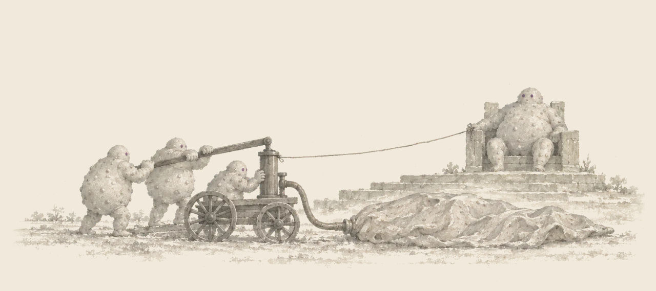 The round, warty King of the Loons sits on a stepped throne tied by a string to a pump, which three of his people work to fill a limp bag.