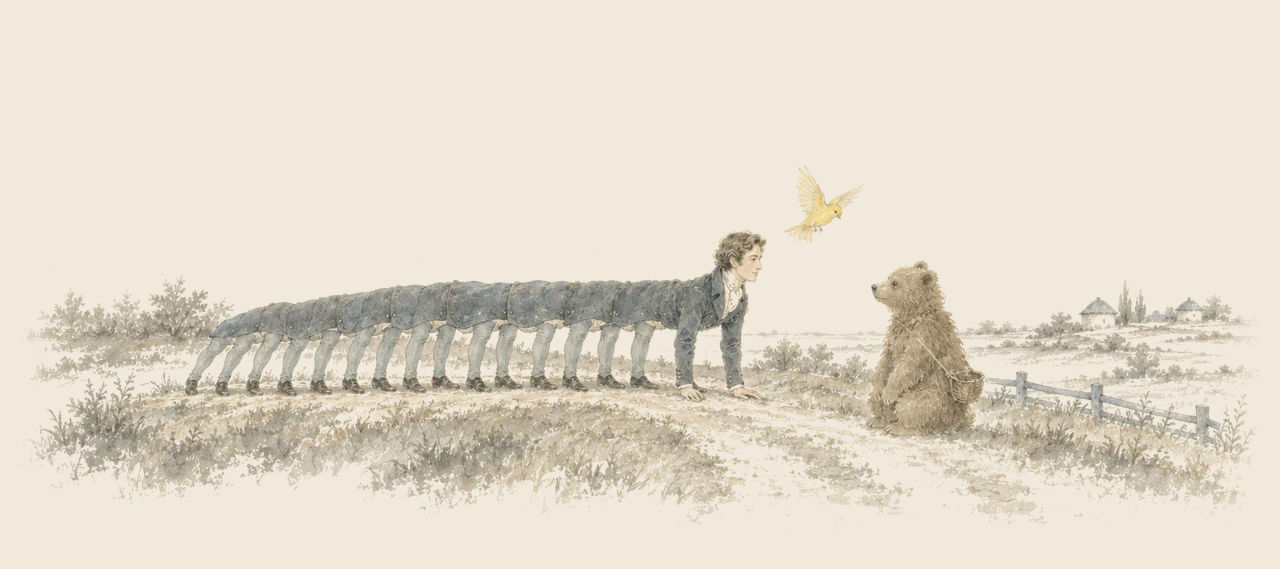 Tommy Kwikstep, a young man with a long body on twenty legs, stands across a path facing a little brown bear as a yellow canary flies between them.