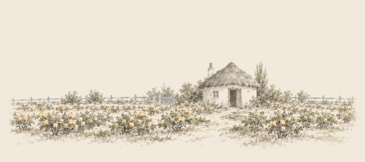 A thatched Munchkin house stands with its door open and no one home, among rows of bushes bearing round cream-puffs and macaroons.