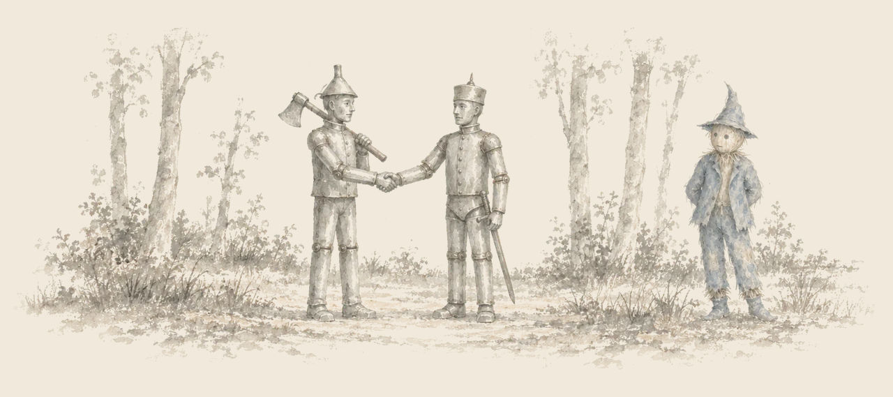 The Tin Woodman, with his axe on his shoulder, shakes hands with the Tin Soldier, who wears a sword, while the Scarecrow looks on among the trees.