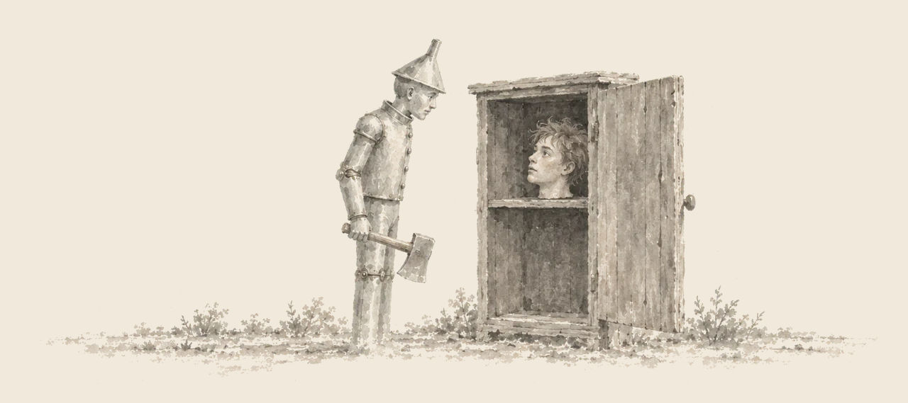 The Tin Woodman, axe in hand, bends to stare at a young man's head on a shelf in an open cupboard, which looks back at him.