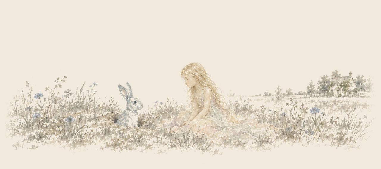 Polychrome sits in a flowery meadow, her skirts spread round her, looking at a grey rabbit that peeps from its burrow; a house stands far off.