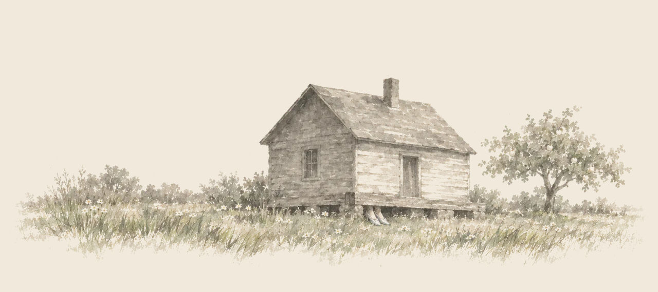 The farmhouse rests in a meadow of flowers beside a small tree, and two feet in silver shoes stick out from under its corner.