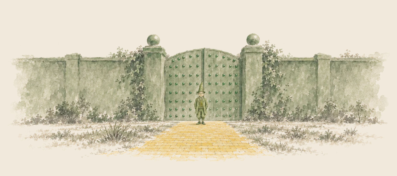 The little Guardian of the Gates, dressed in green, stands before a tall green gate studded with emeralds, at the end of the yellow brick road.
