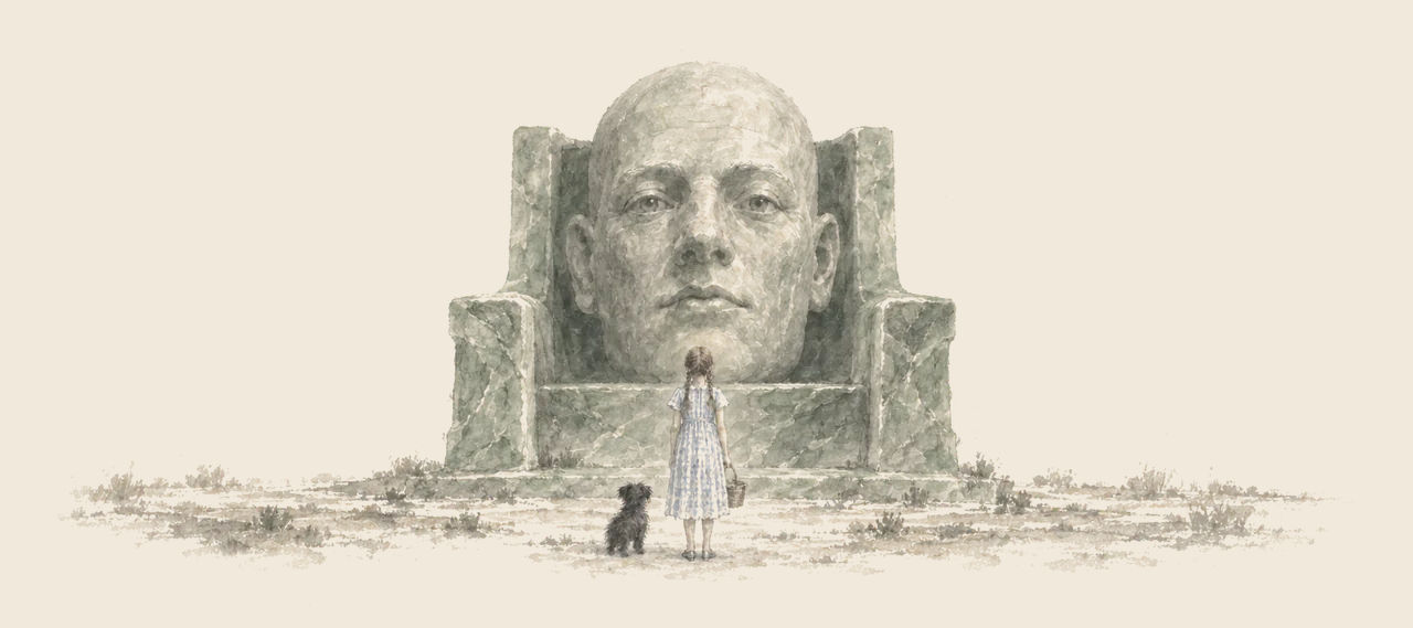 Dorothy, with Toto, stands before a great stone throne holding an enormous bald head with no body.