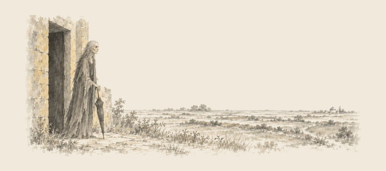 The Wicked Witch stands in the open doorway of her castle with an old umbrella, looking out over the flat country.