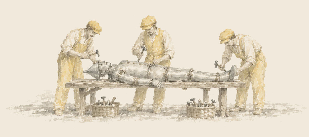 Three Winkie tinsmiths in yellow work with small hammers over the dented Tin Woodman, who lies on a long workbench; their tools sit in baskets below.