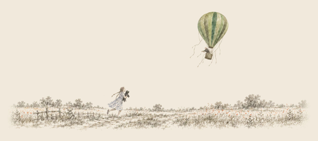 A green-striped balloon rises into the air with the Wizard in its basket, while Dorothy, holding Toto, runs across a field toward it.