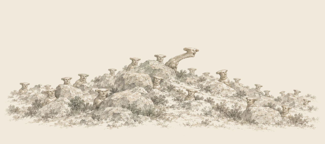 Armless Hammer-Heads with flat-topped heads peer from behind rocks all over a steep hill, one of them shooting his neck far out.