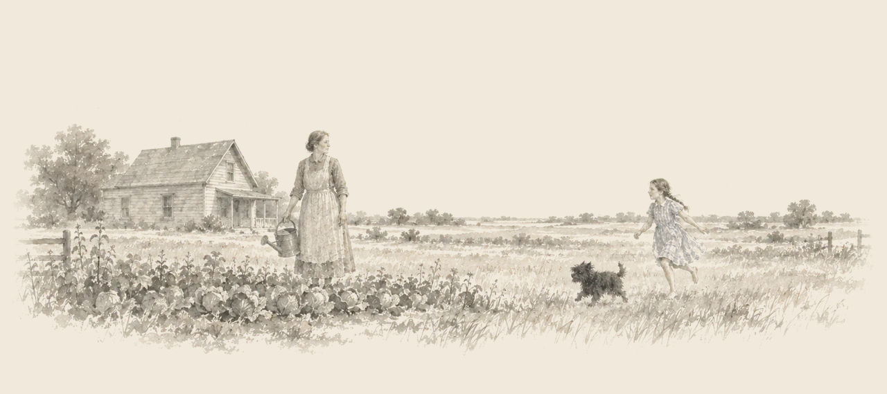 Aunt Em stands with a watering can beside a row of cabbages near the farmhouse as Dorothy runs to her across the grass, Toto beside her.