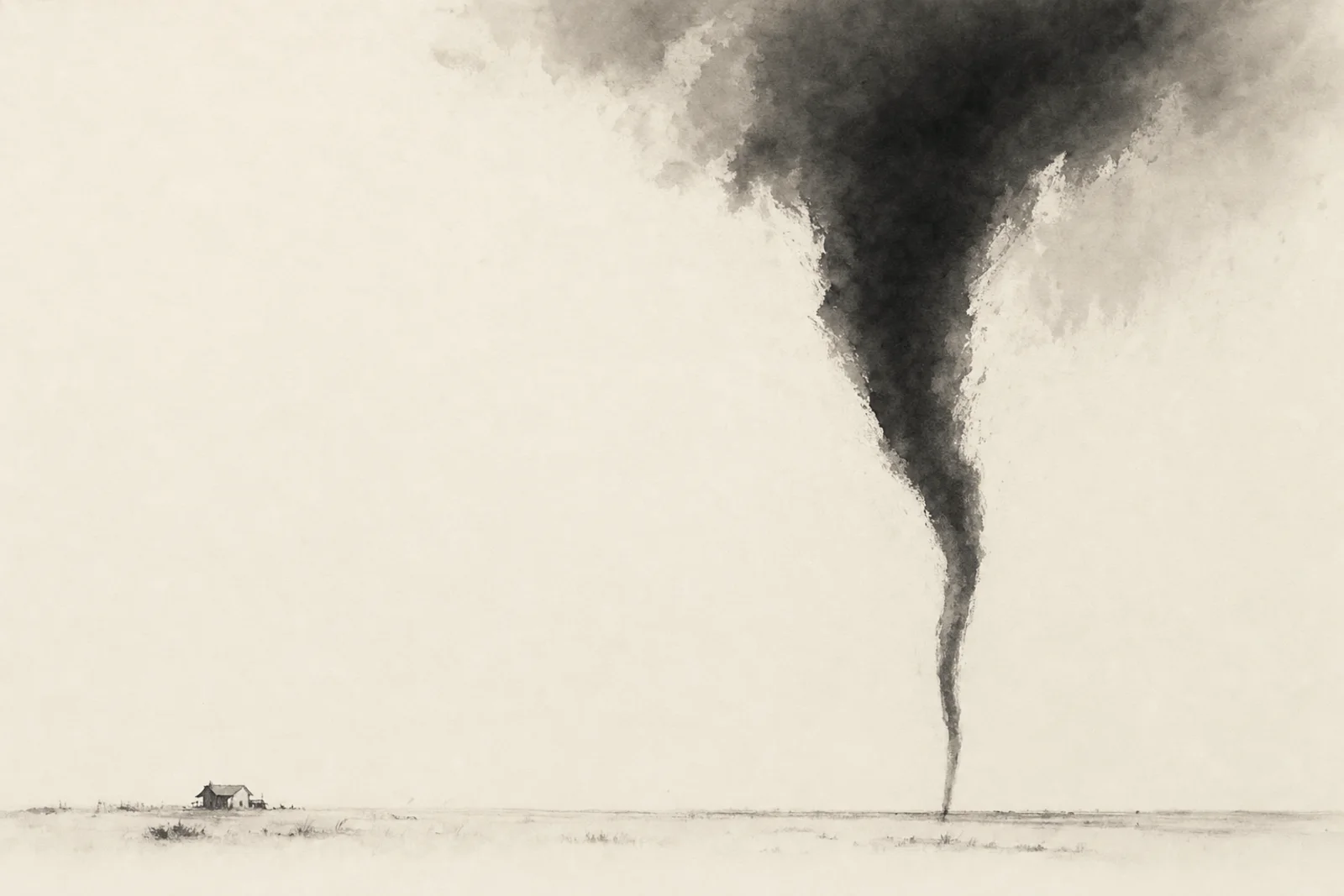 A flat empty prairie under a vast sky, a tiny farmhouse, and a tornado descending as one black brush stroke.