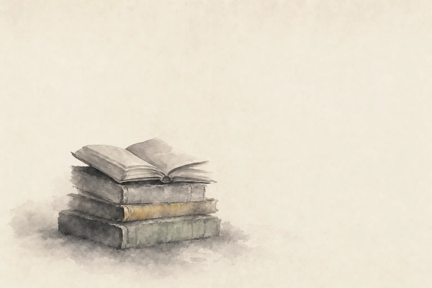 A stack of old cloth-bound books, the topmost lying open, painted in grey ink on bare paper.